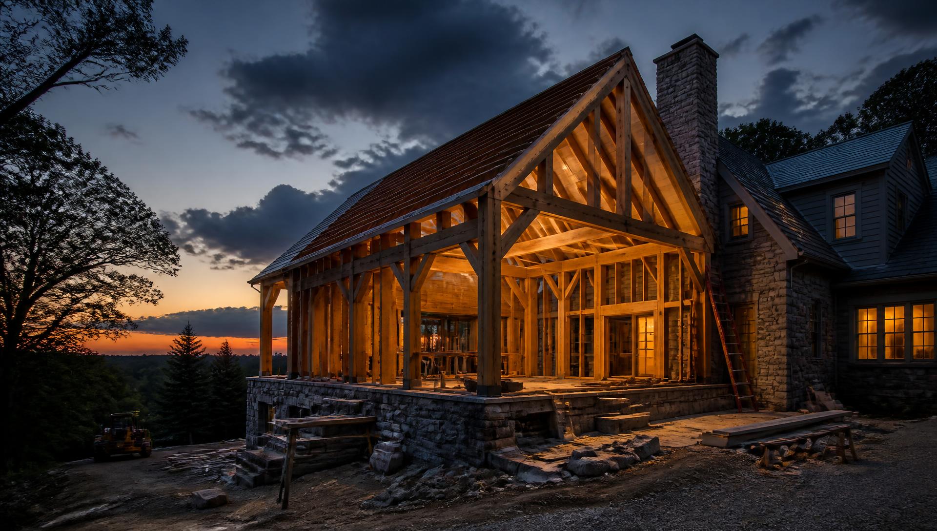Custom timber-framed home addition under construction at dusk